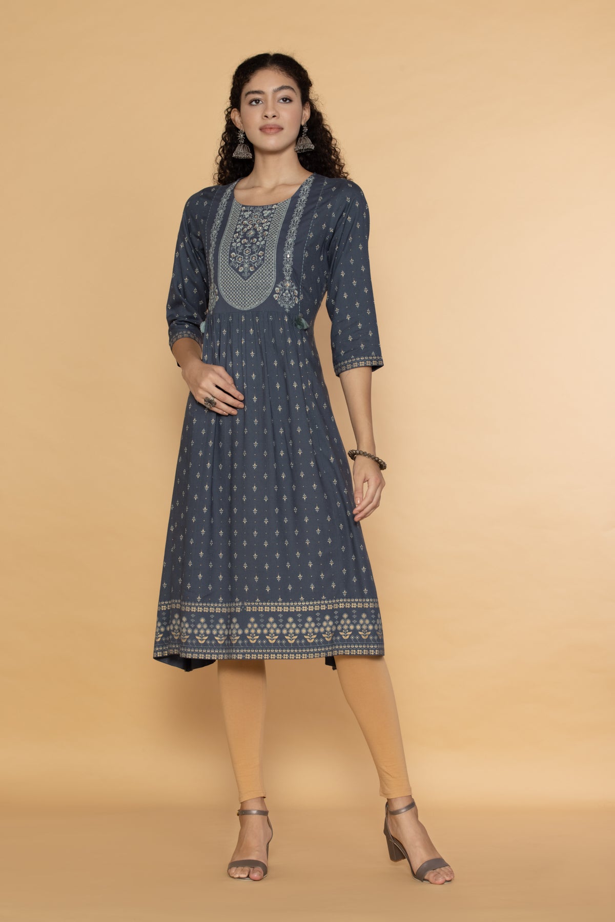 Grey Yoke Embroidered Printed Midi Dress
