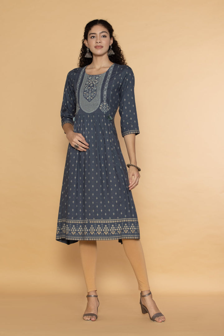 Grey Yoke Embroidered Printed Midi Dress