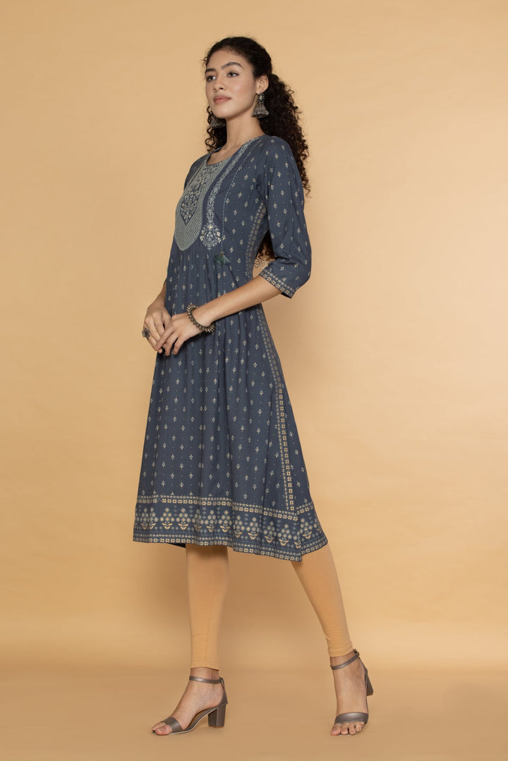 Grey Yoke Embroidered Printed Midi Dress
