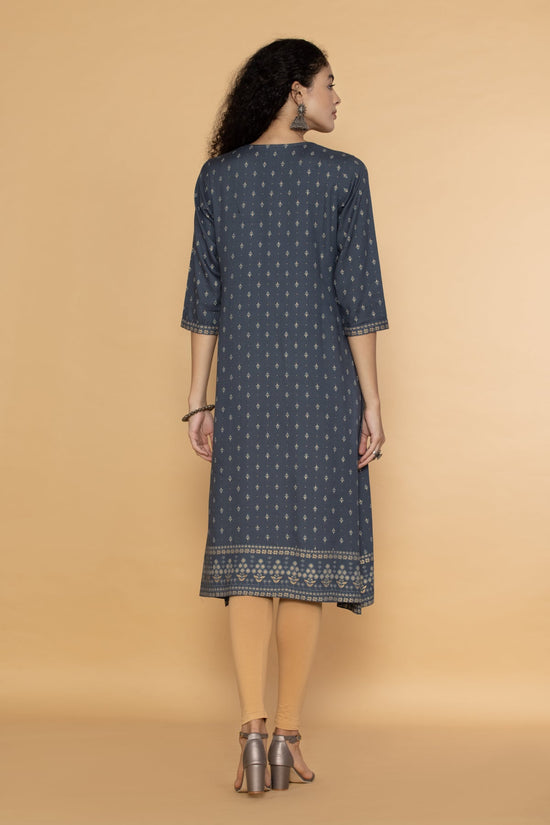 Grey Yoke Embroidered Printed Midi Dress