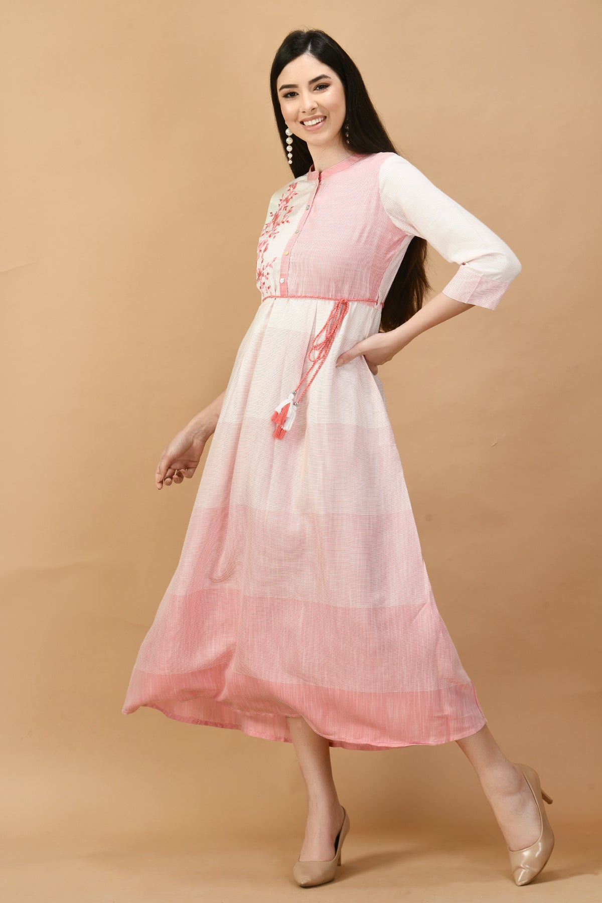 Pink Yoke Embroidered Midi Dress