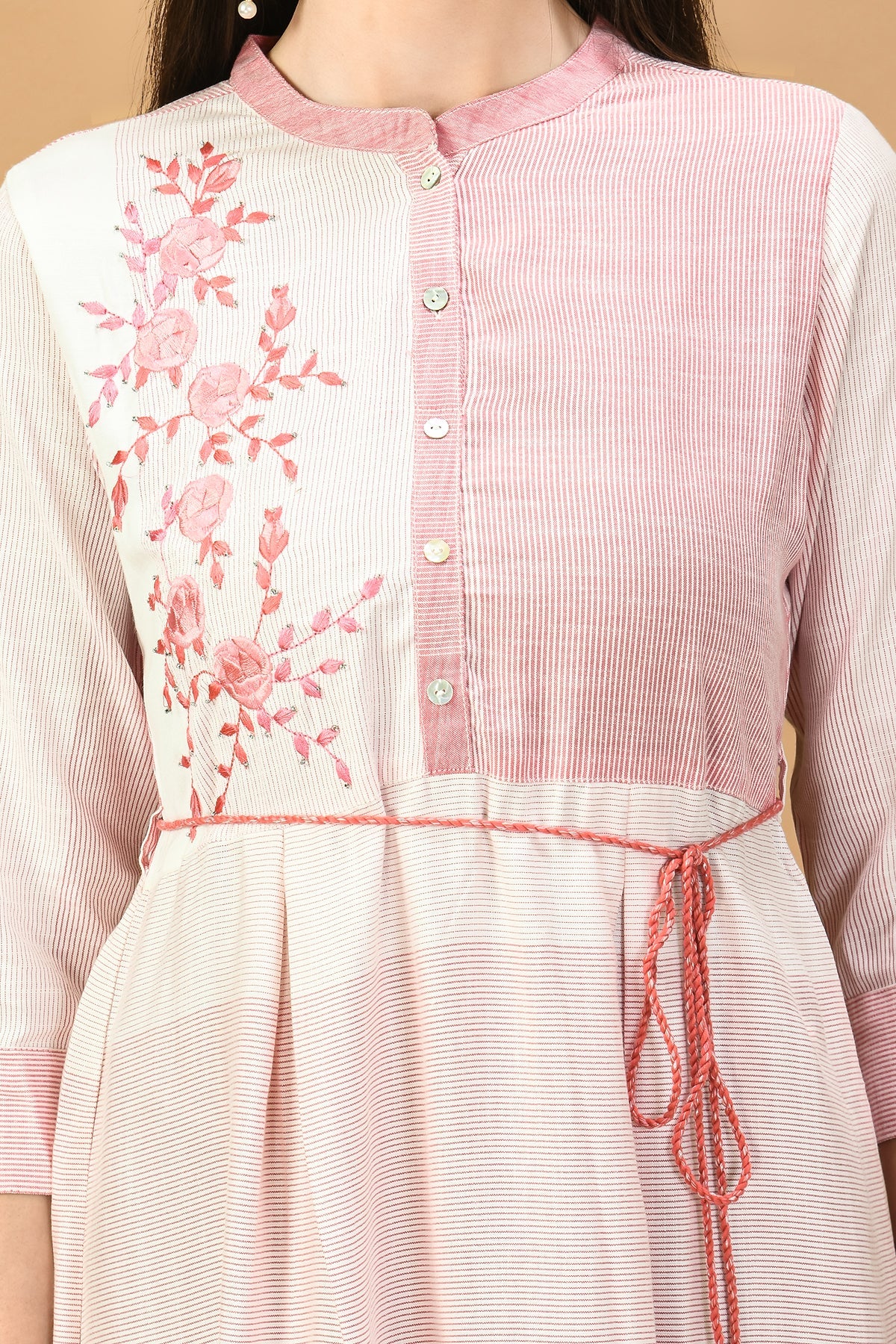 Pink Yoke Embroidered Midi Dress