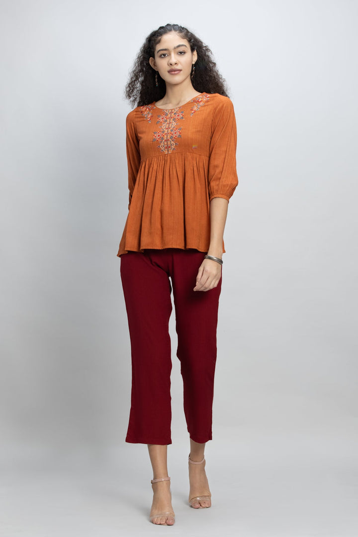 Rust Orange Yoke Embroidered A-Line Top