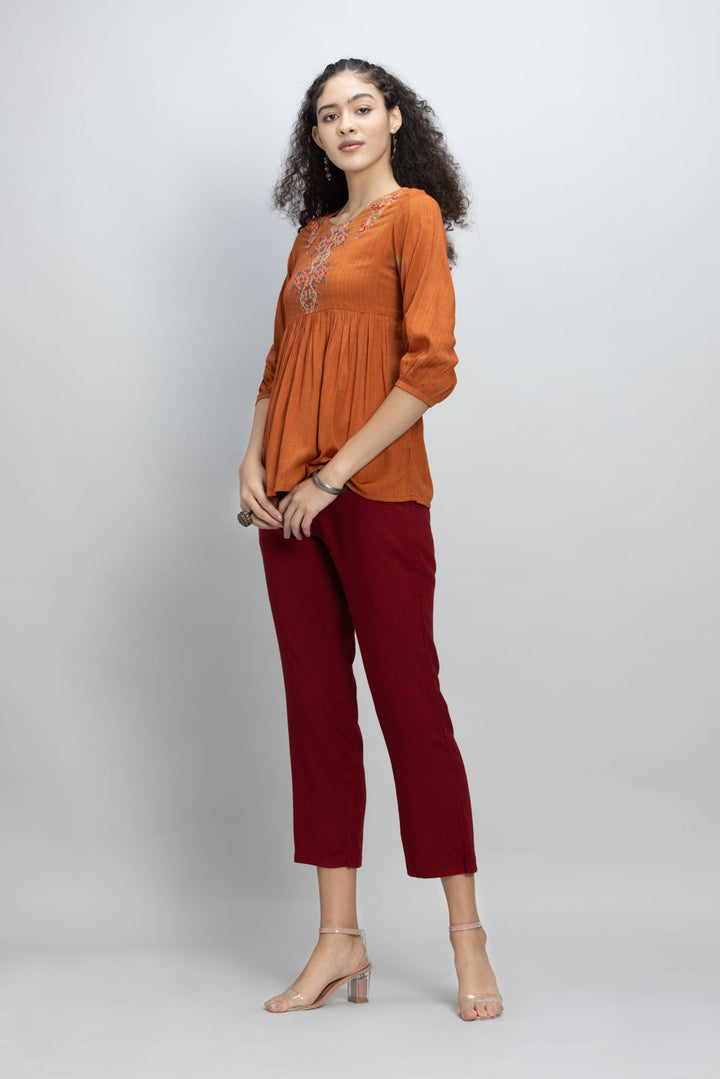 Rust Orange Yoke Embroidered A-Line Top