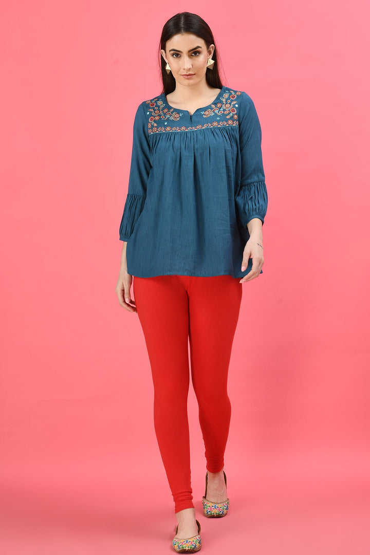 Teal Blue A-Line Yoke Embroidered Top