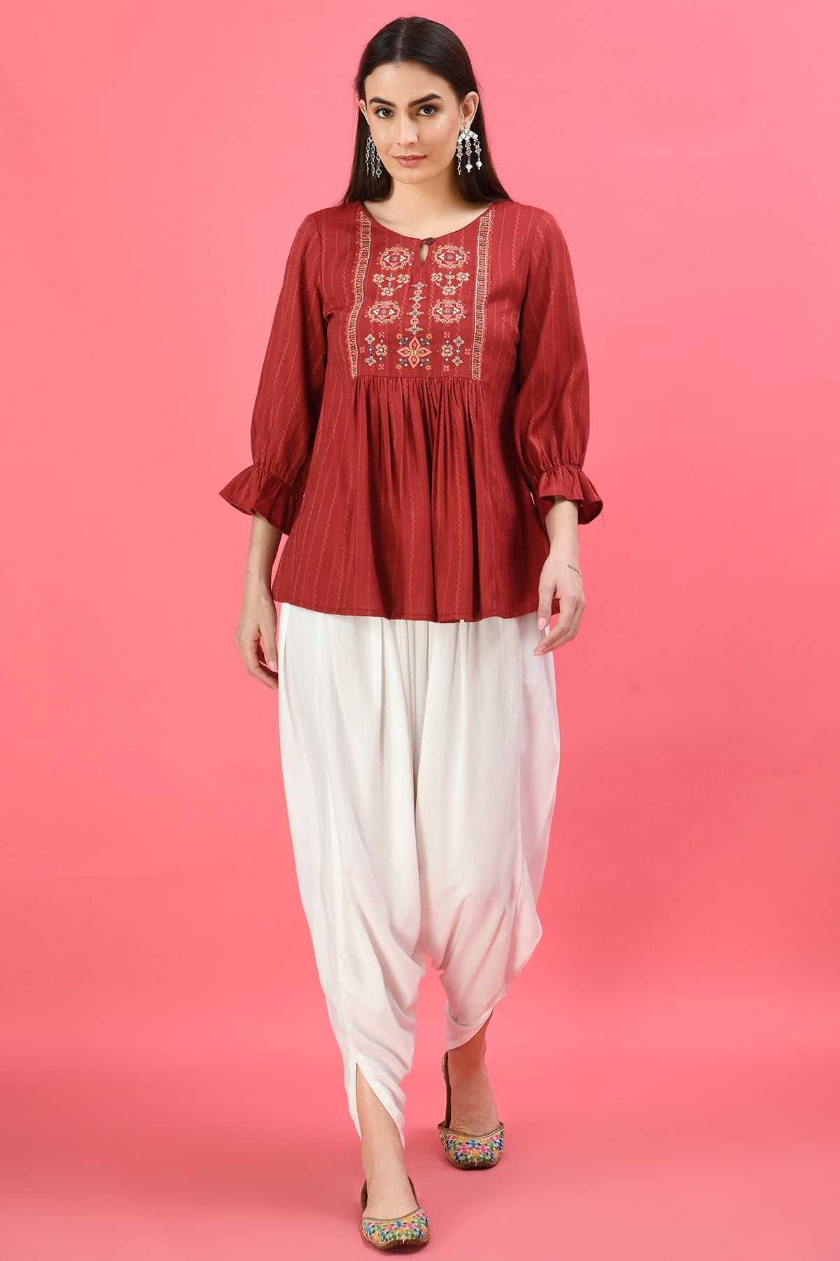 Maroon Embroidered Yoke Design A-Line Top