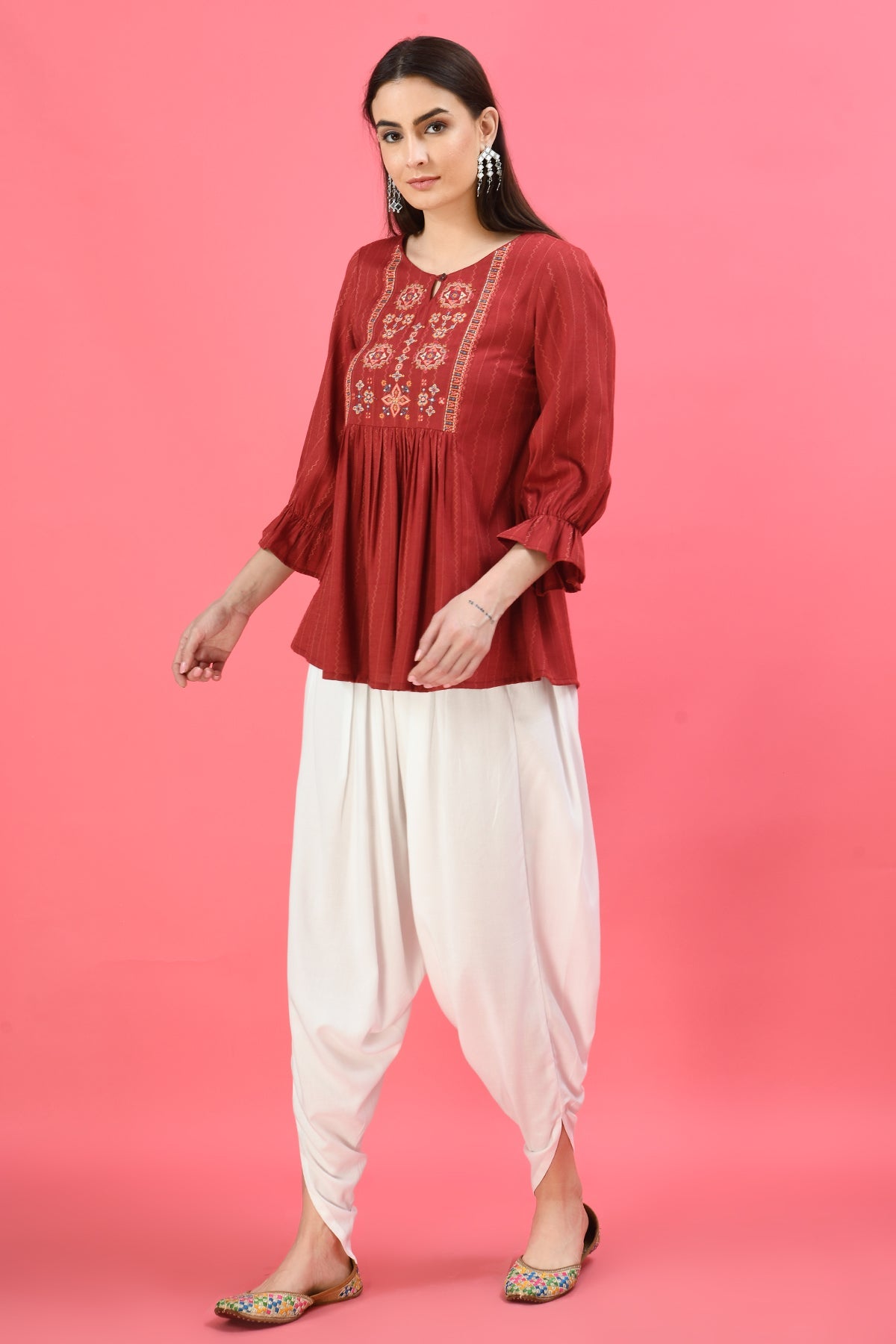 Maroon Embroidered Yoke Design A-Line Top
