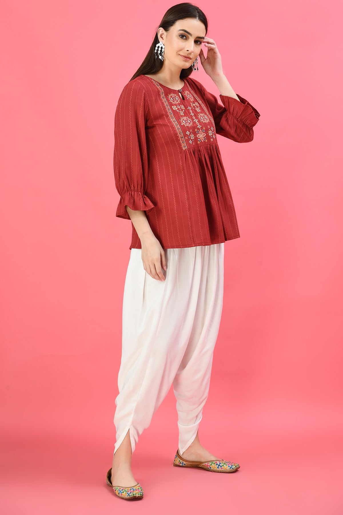 Maroon Embroidered Yoke Design A-Line Top