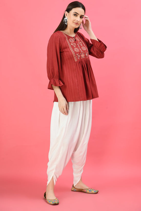 Maroon Embroidered Yoke Design A-Line Top