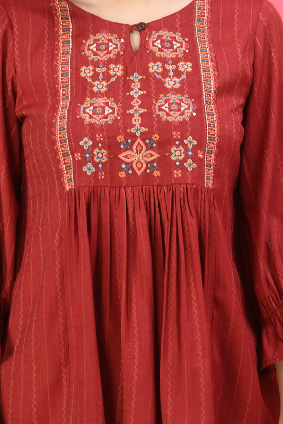 Maroon Embroidered Yoke Design A-Line Top