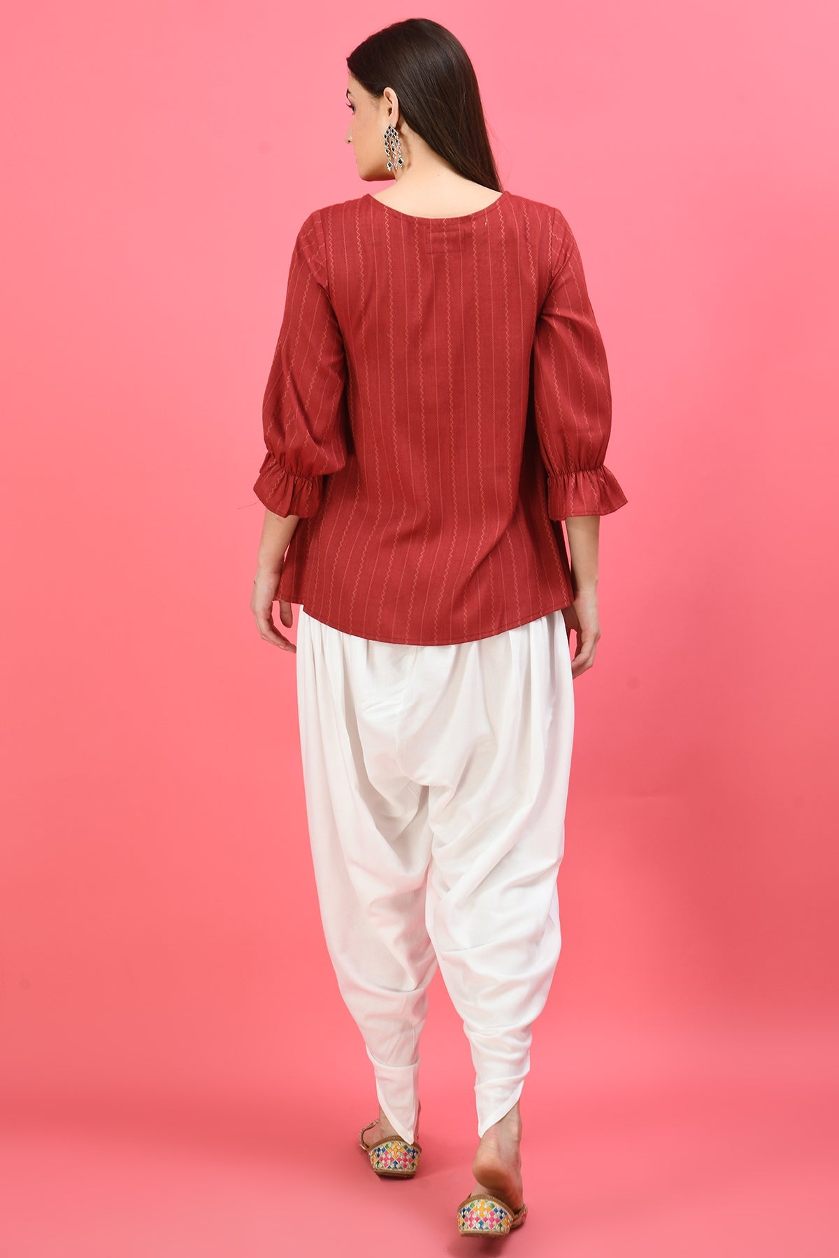Maroon Embroidered Yoke Design A-Line Top
