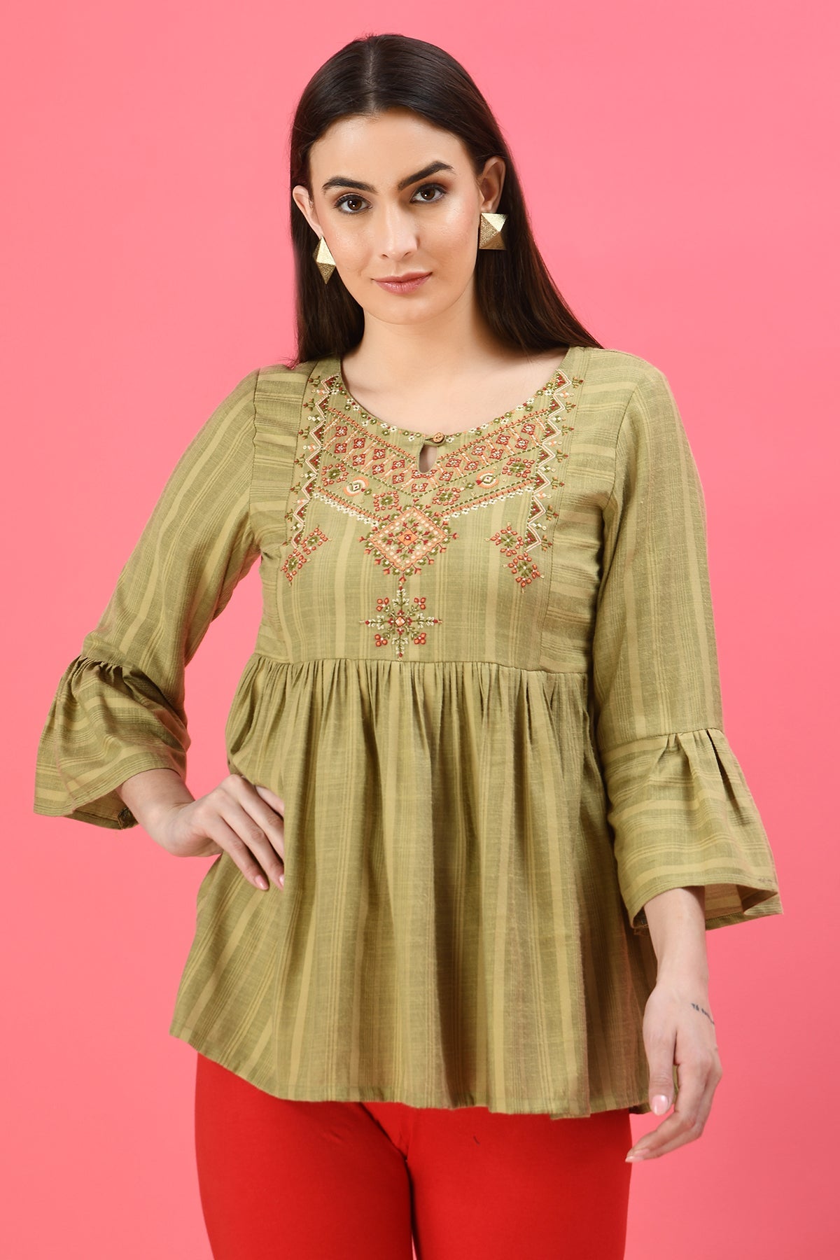 Green Yoke Embroidered Pleated Top