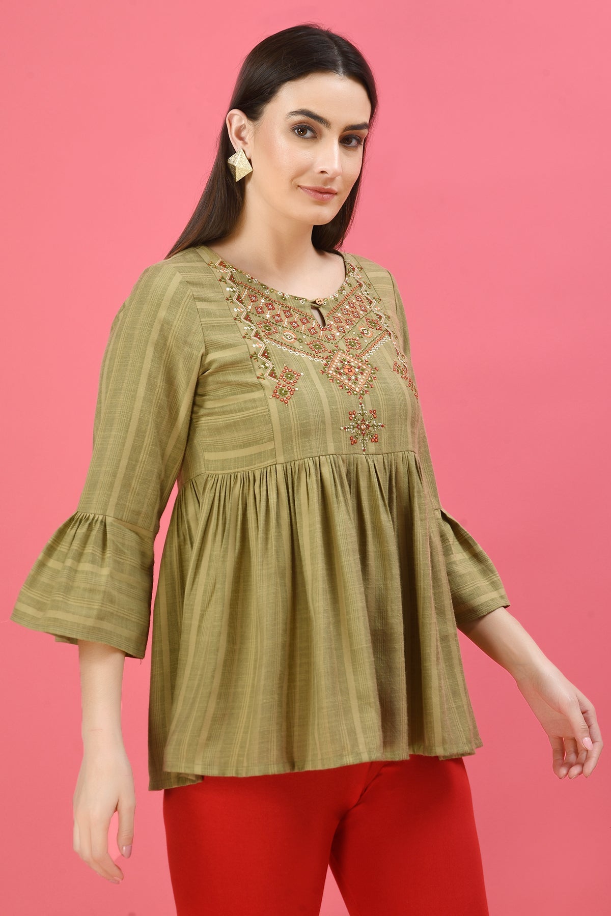 Green Yoke Embroidered Pleated Top