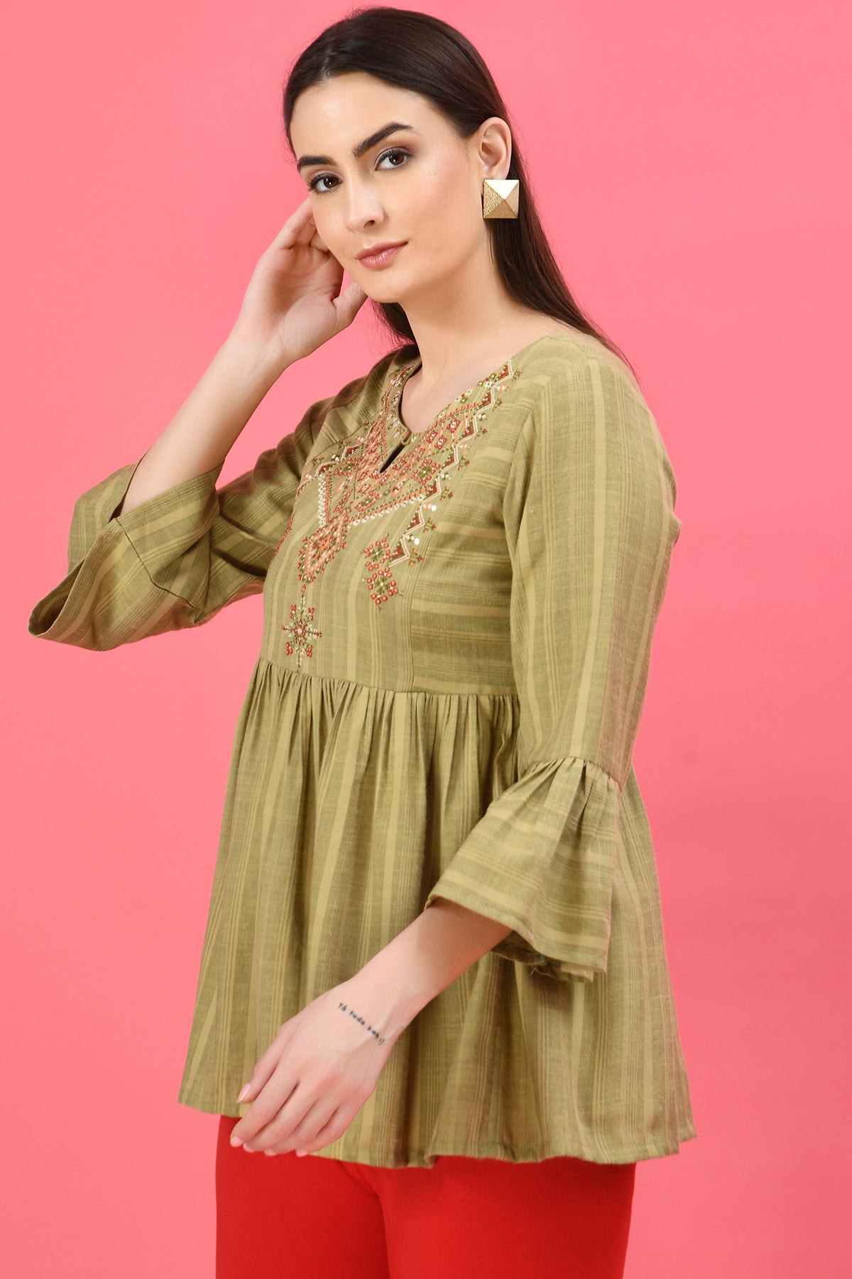 Green Yoke Embroidered Pleated Top