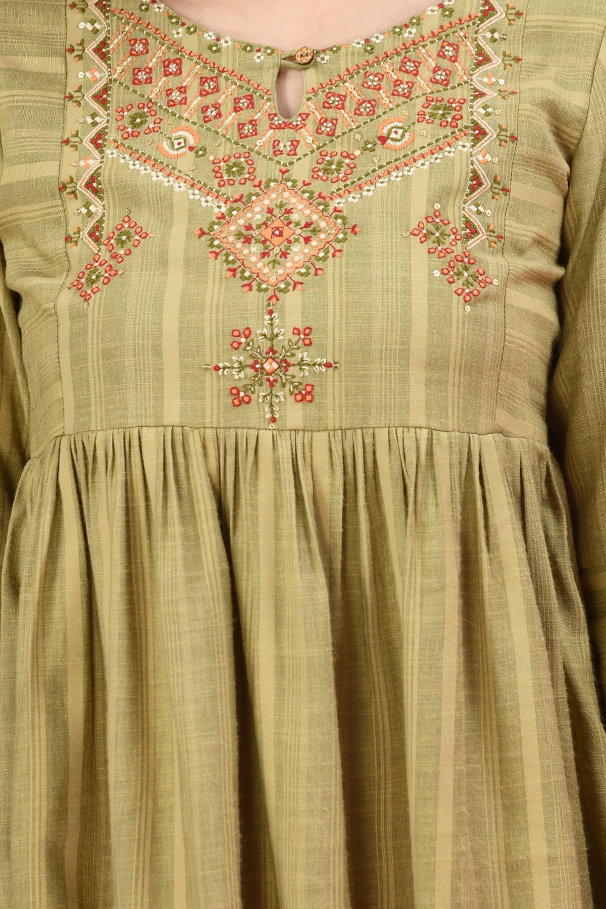 Green Yoke Embroidered Pleated Top