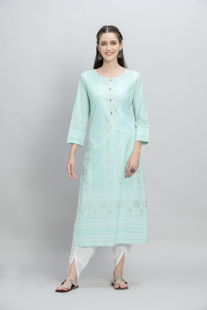 Mint Green White Printed Kurta