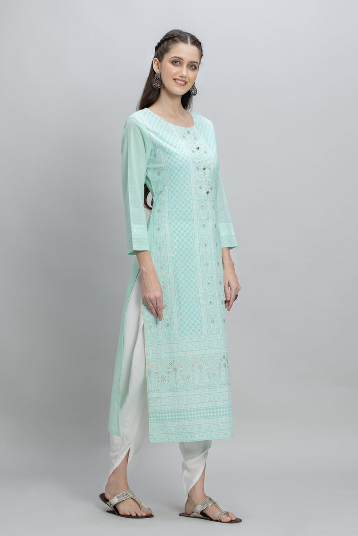 Mint Green White Printed Kurta