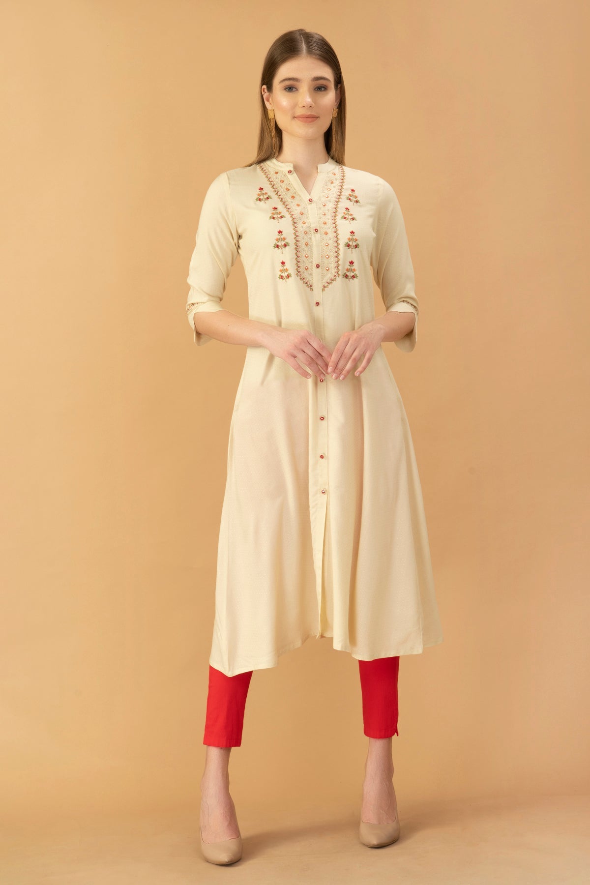 Cream Yoke Embroidered Kurta