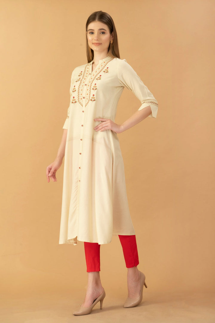 Cream Yoke Embroidered Kurta