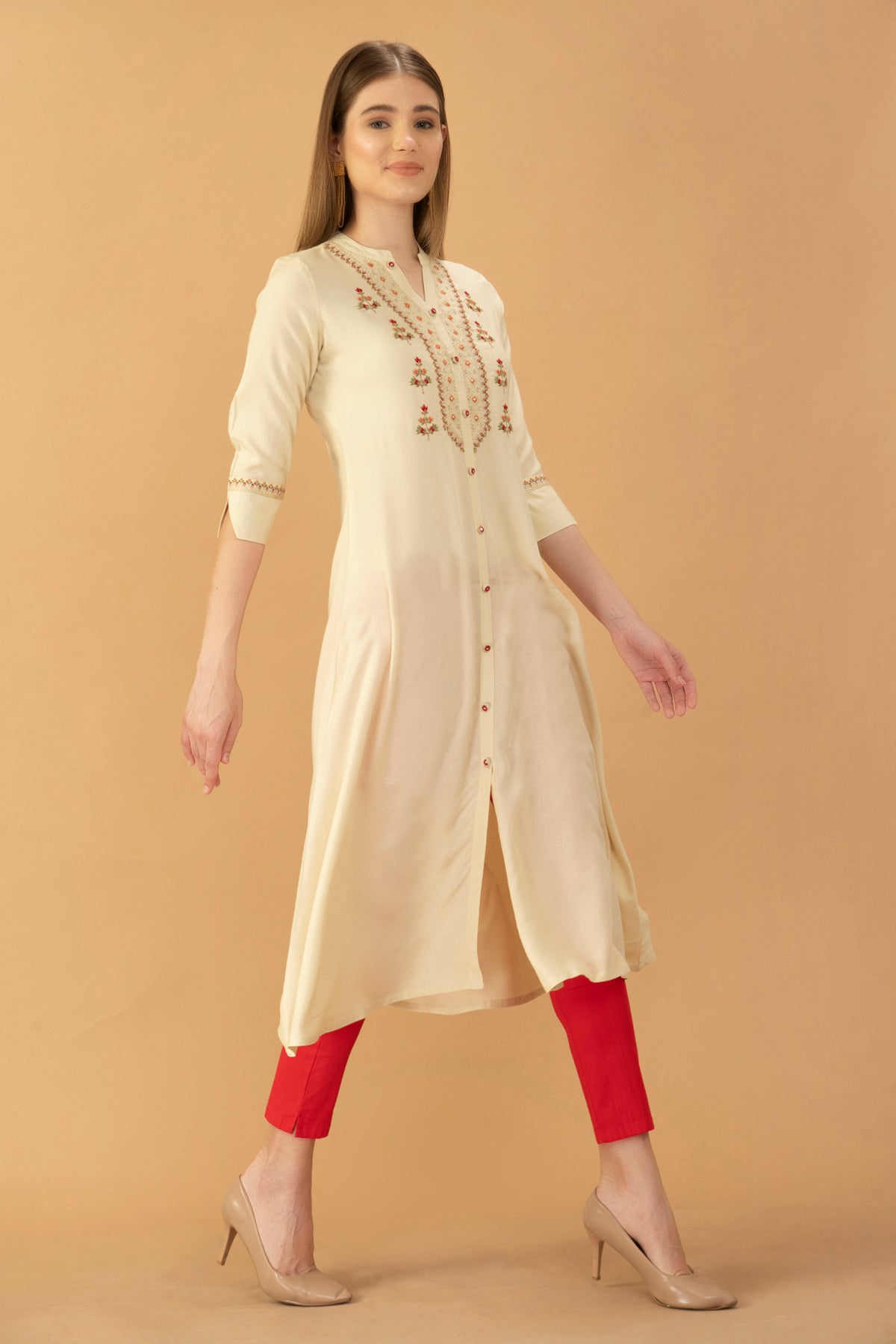 Cream Yoke Embroidered Kurta