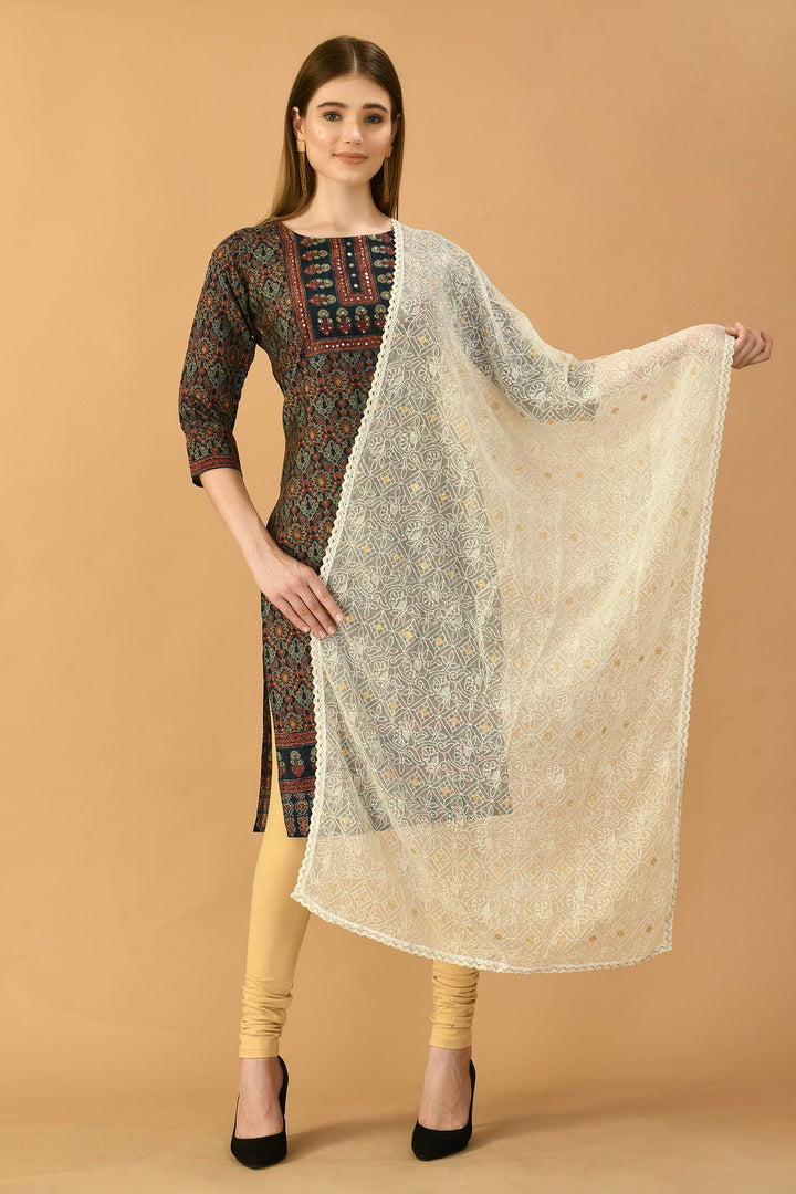 Off White Paisley Embroidered Dupatta