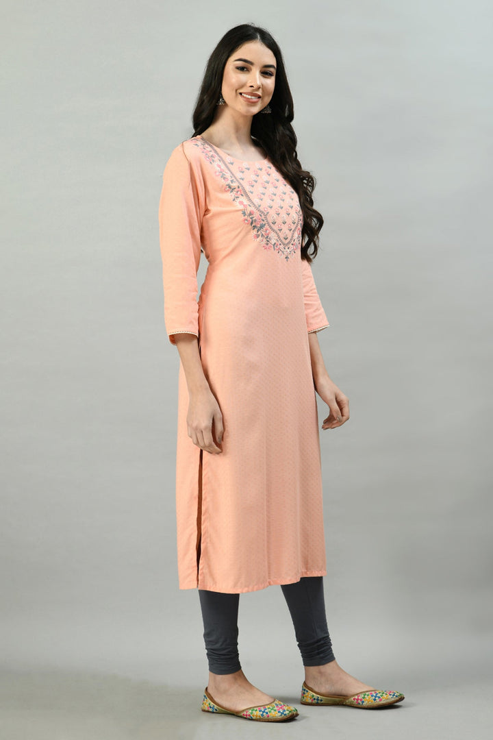 Peach Yoke Embroidered Kurta