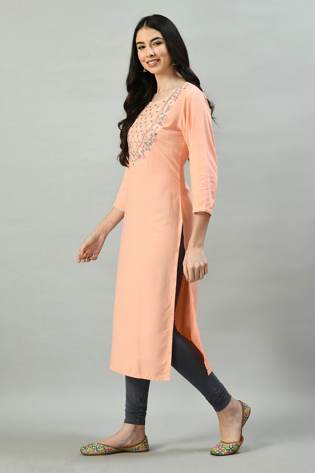 Peach Yoke Embroidered Kurta