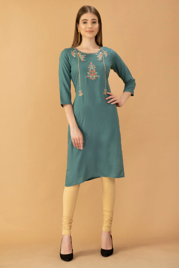 Turquoise Blue Embroidered Straight Kurta