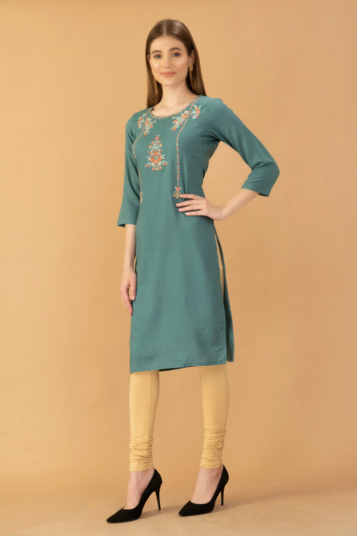 Turquoise Blue Embroidered Straight Kurta