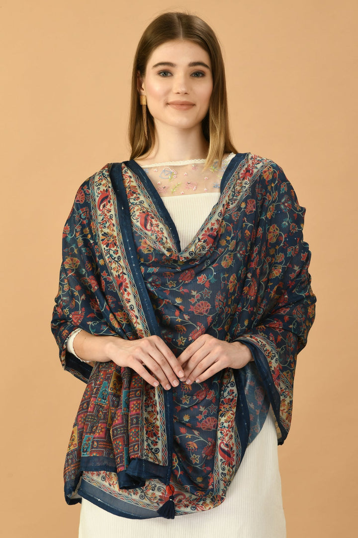 Blue Floral Printed Dupatta