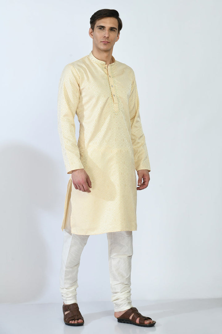 Beige and Gold-Toned Mirror Work Kurta Set