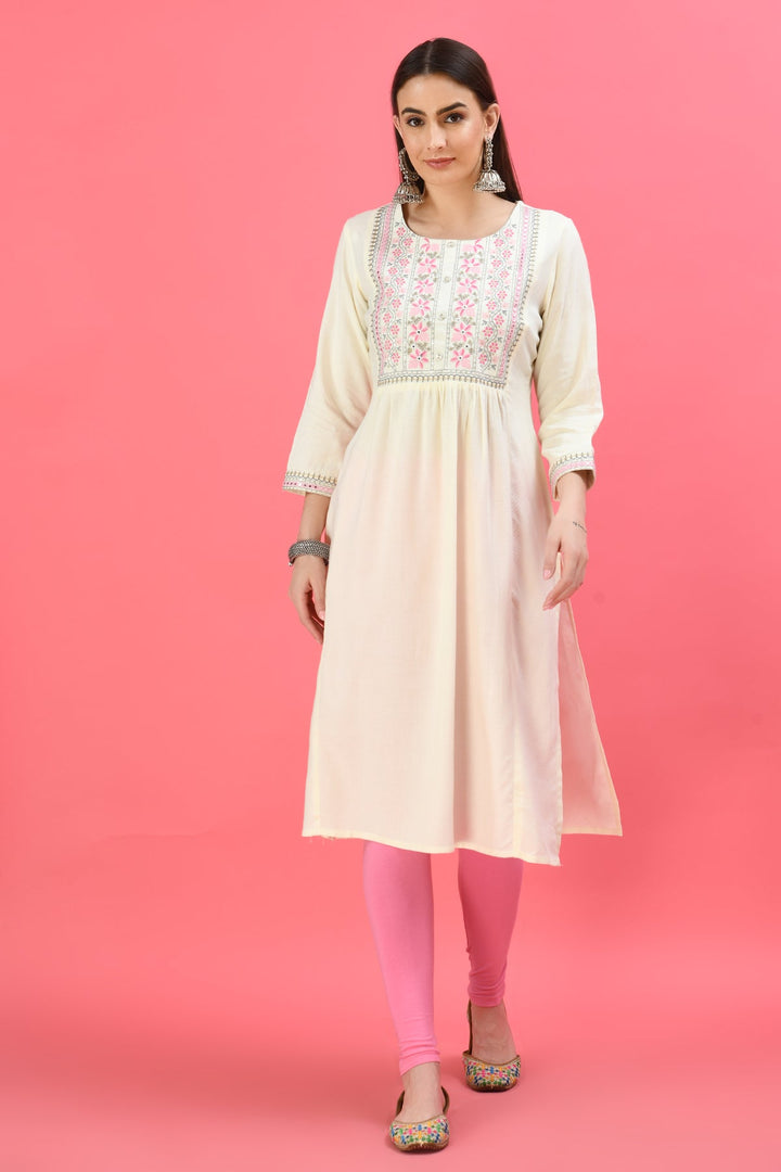 Off White Yoke Embroidered Kurta