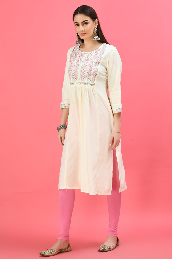 Off White Yoke Embroidered Kurta