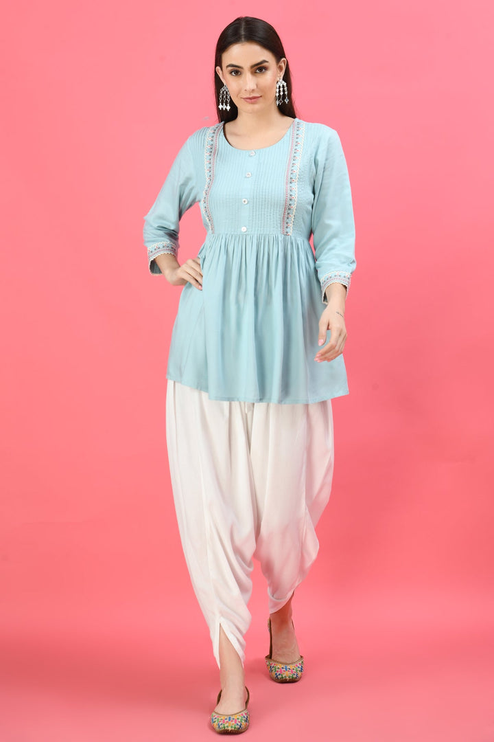 Turquoise Blue Floral Embroidered Top