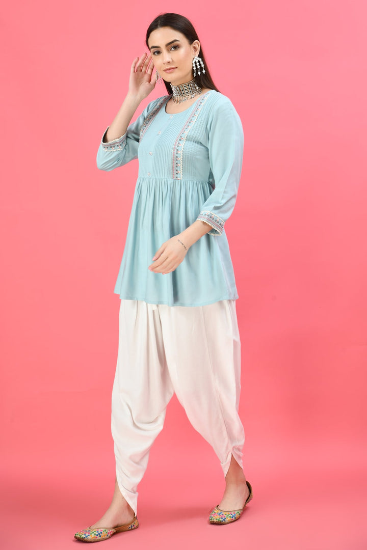 Turquoise Blue Floral Embroidered Top