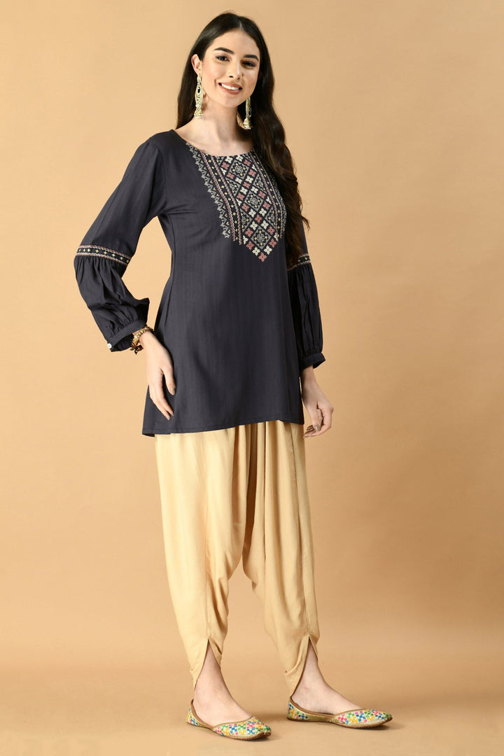 Navy Blue Geometric Yoke Embroidered Design Top