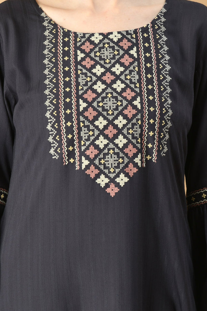 Navy Blue Geometric Yoke Embroidered Design Top