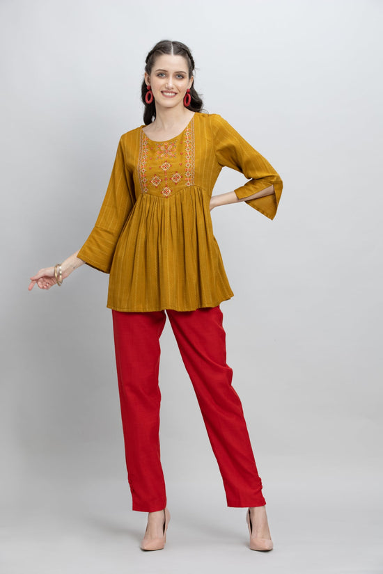 Mustard Yoke Embroidered A Line Kurti