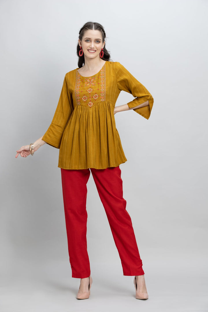 Mustard Yoke Embroidered A Line Kurti