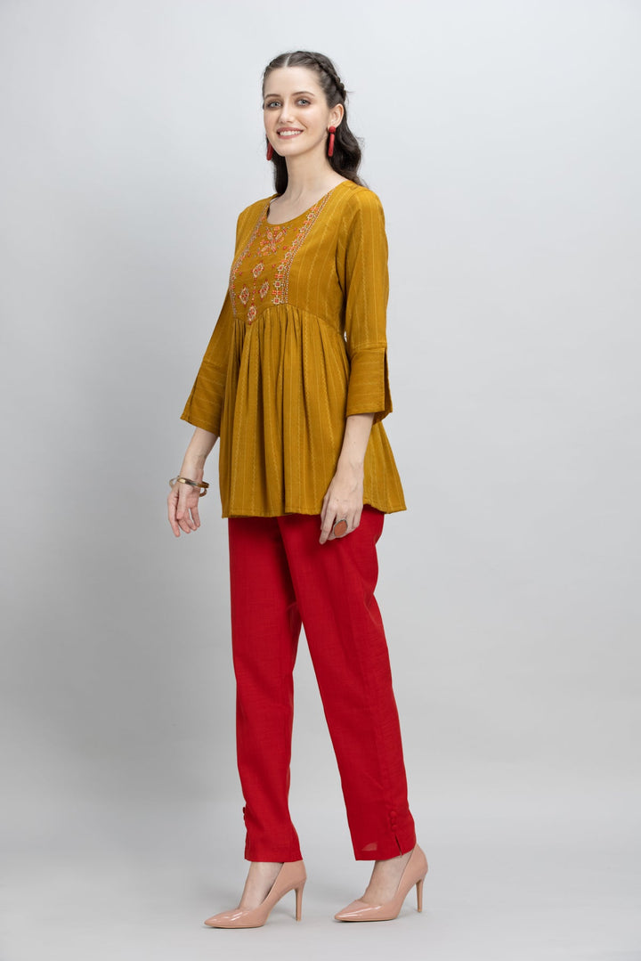 Mustard Yoke Embroidered A Line Kurti