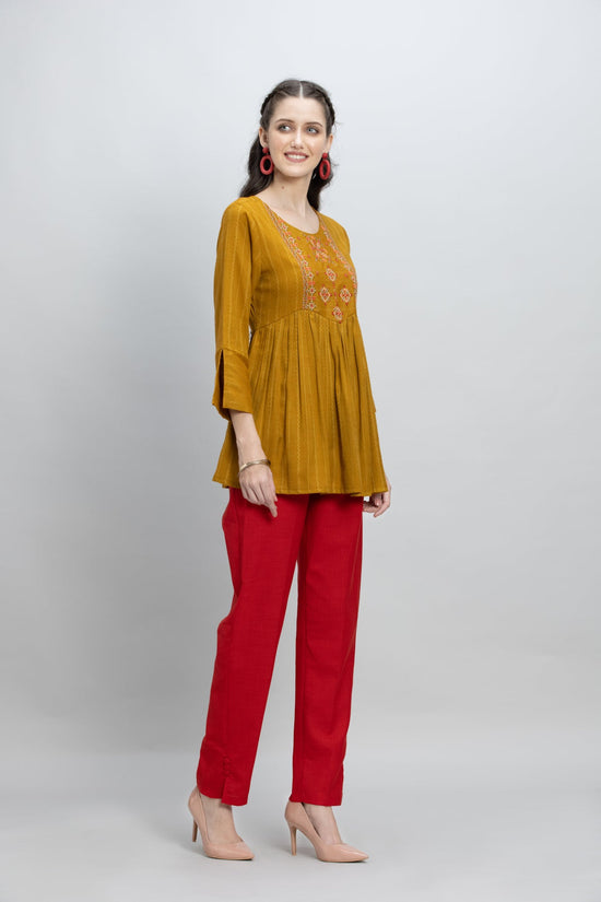 Mustard Yoke Embroidered A Line Kurti