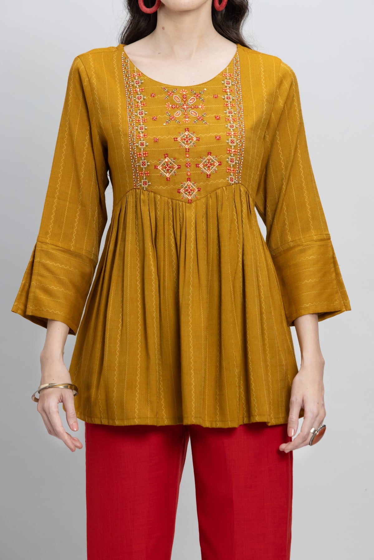 Mustard Yoke Embroidered A Line Kurti