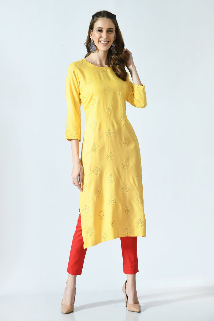 Yellow Embroidered Work Kurta