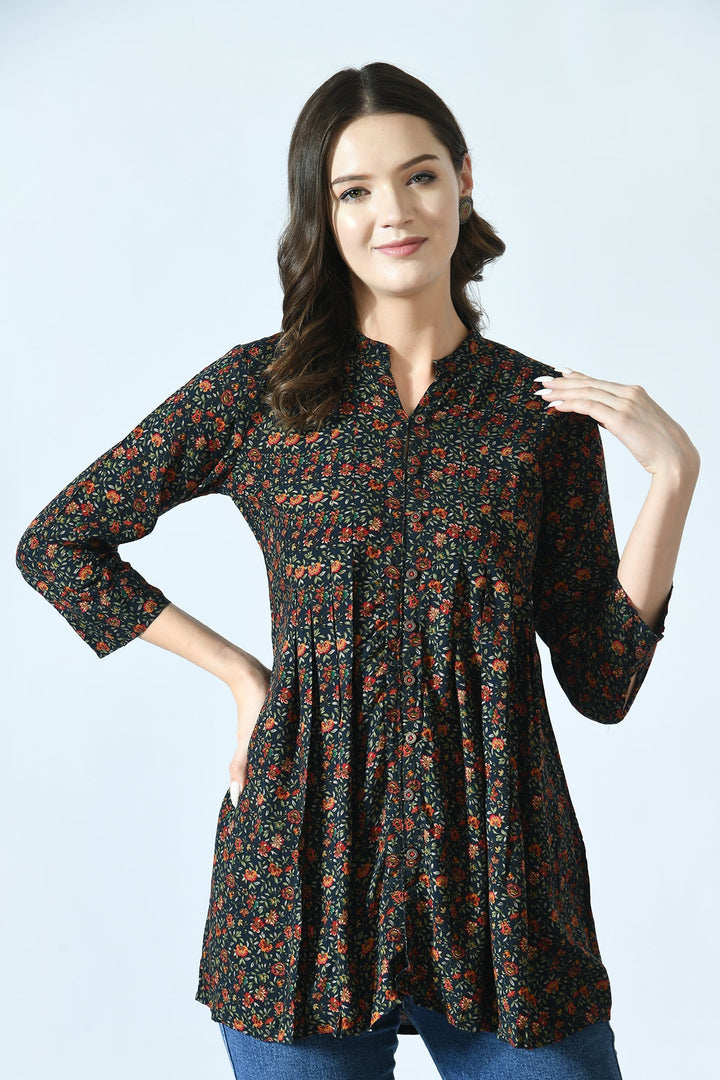 Multi Ethnic Printed Pleated A Line Top