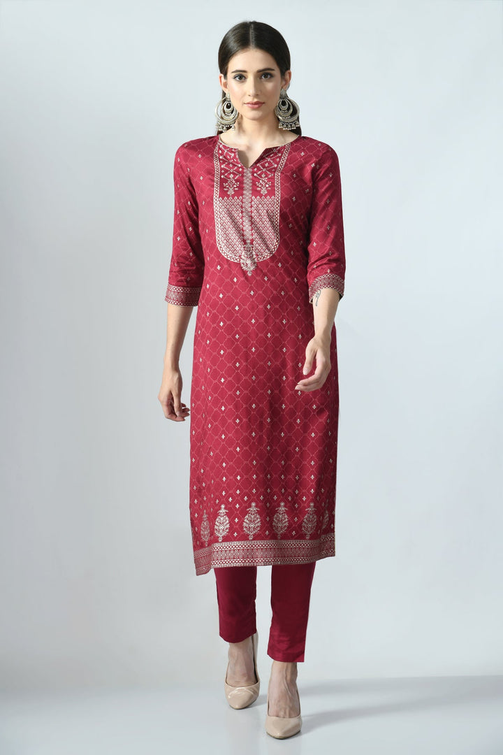 Wine Printed and Sequined Kurta Set
