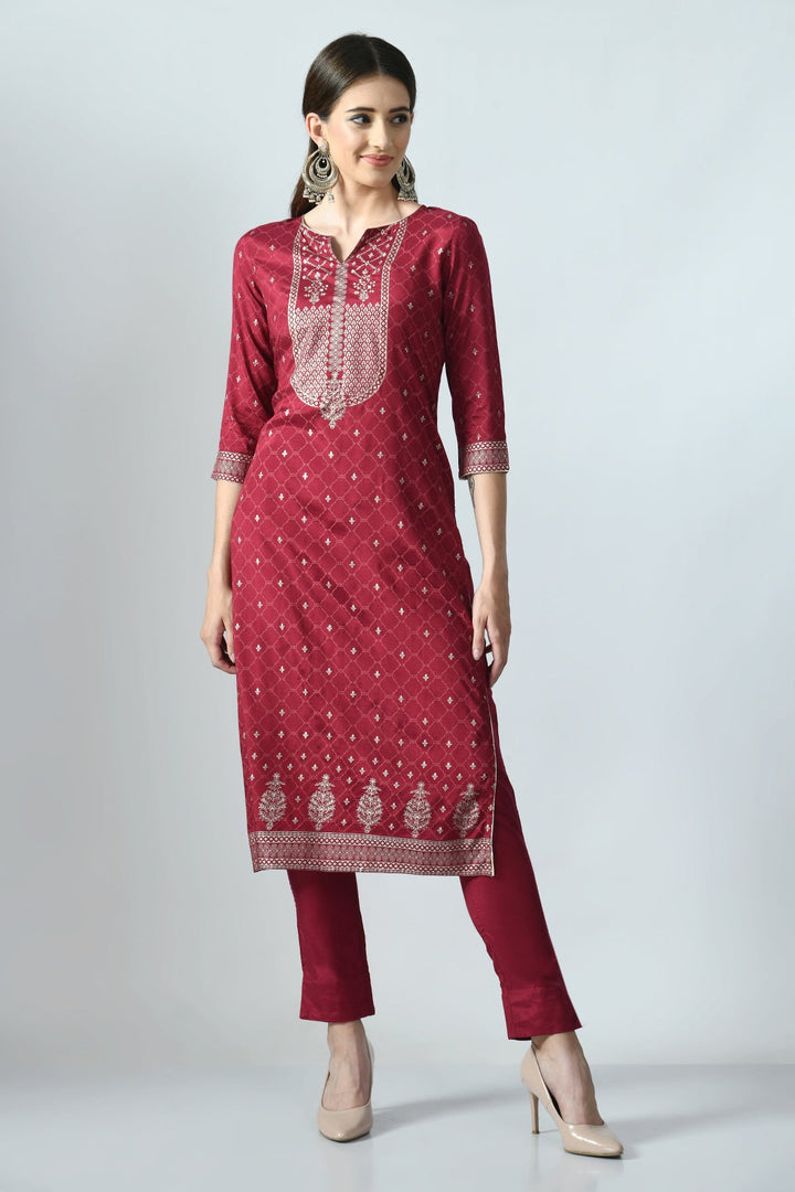 Wine Printed and Sequined Kurta Set