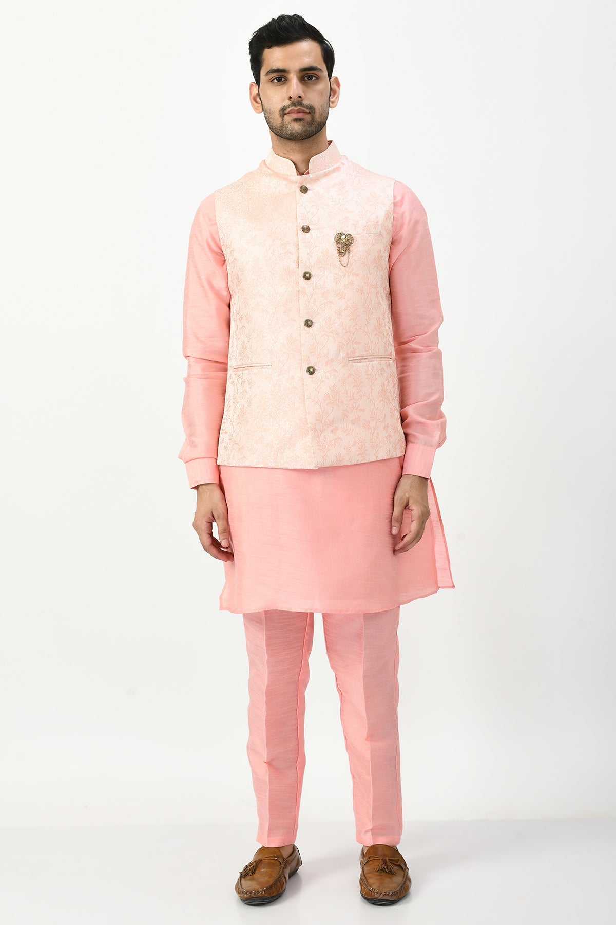 Peach Coloured Kurta Set and Woven Nehru Jacket