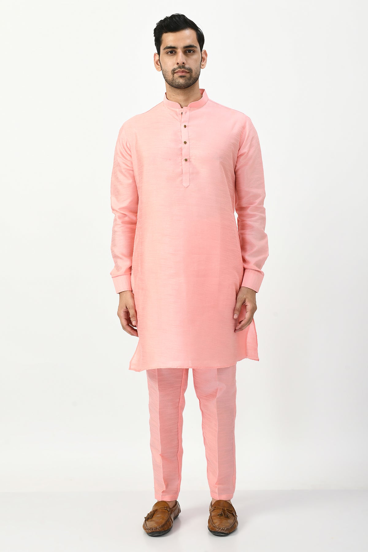 Peach Coloured Kurta Set and Woven Nehru Jacket