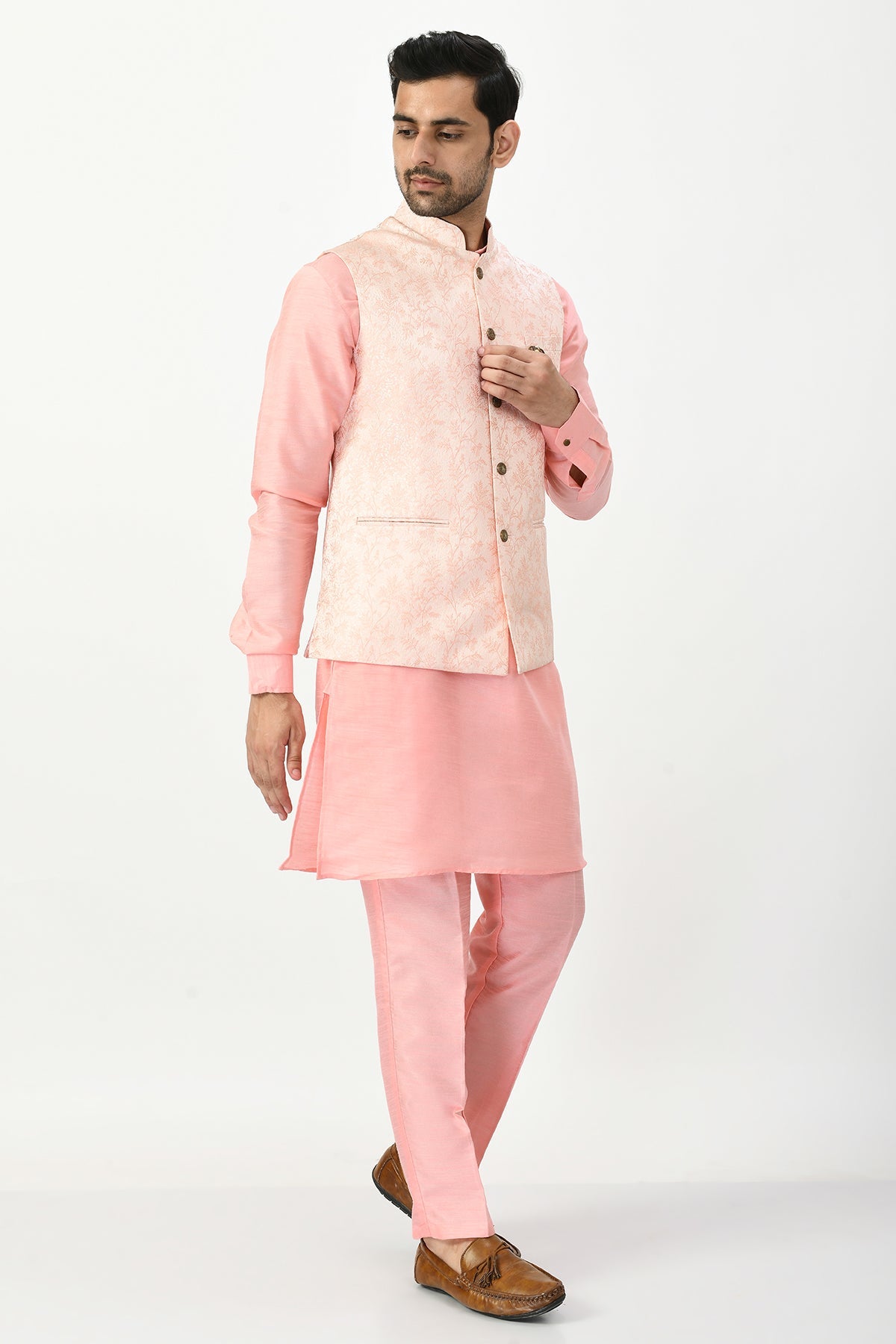 Peach Coloured Kurta Set and Woven Nehru Jacket