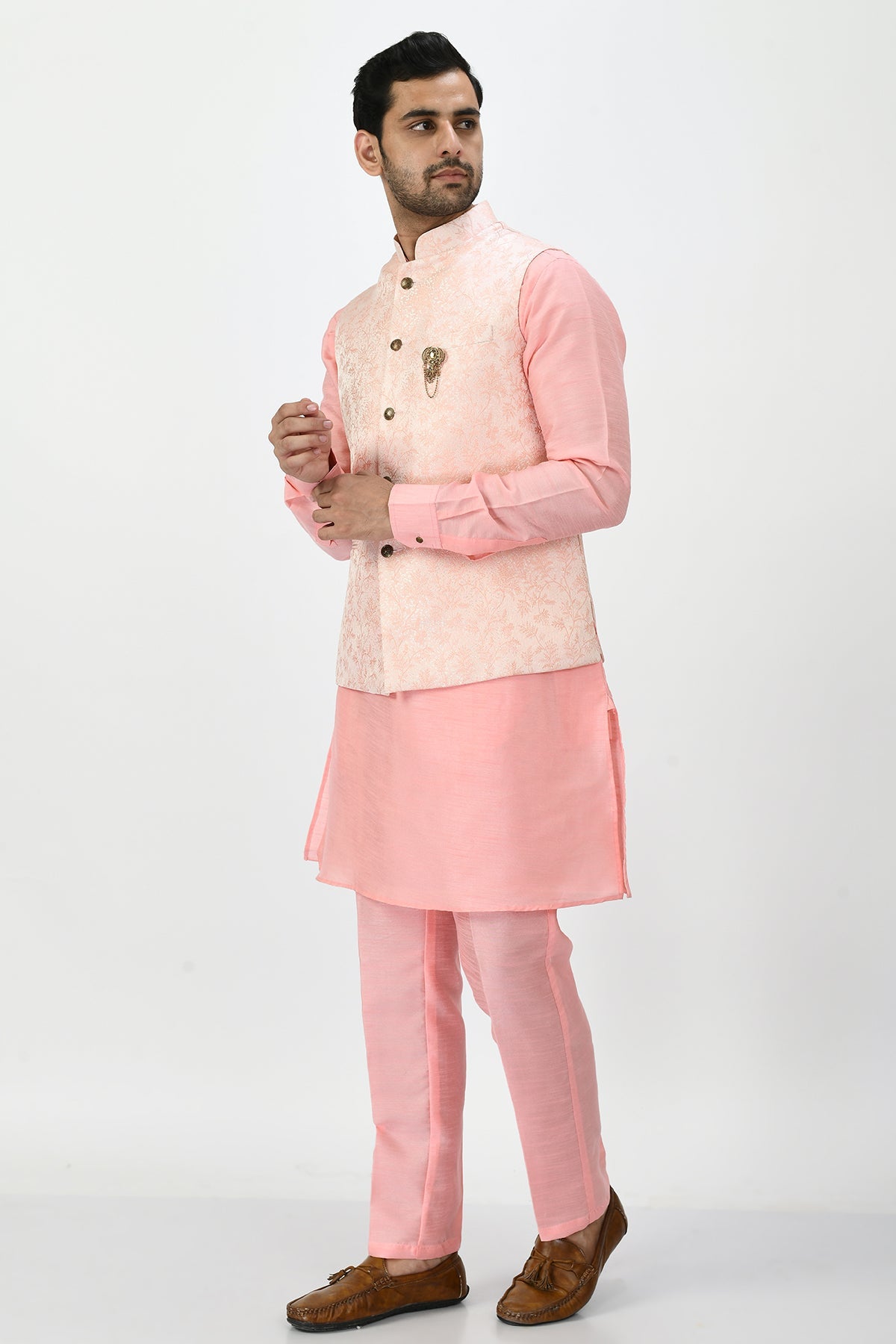 Peach Coloured Kurta Set and Woven Nehru Jacket